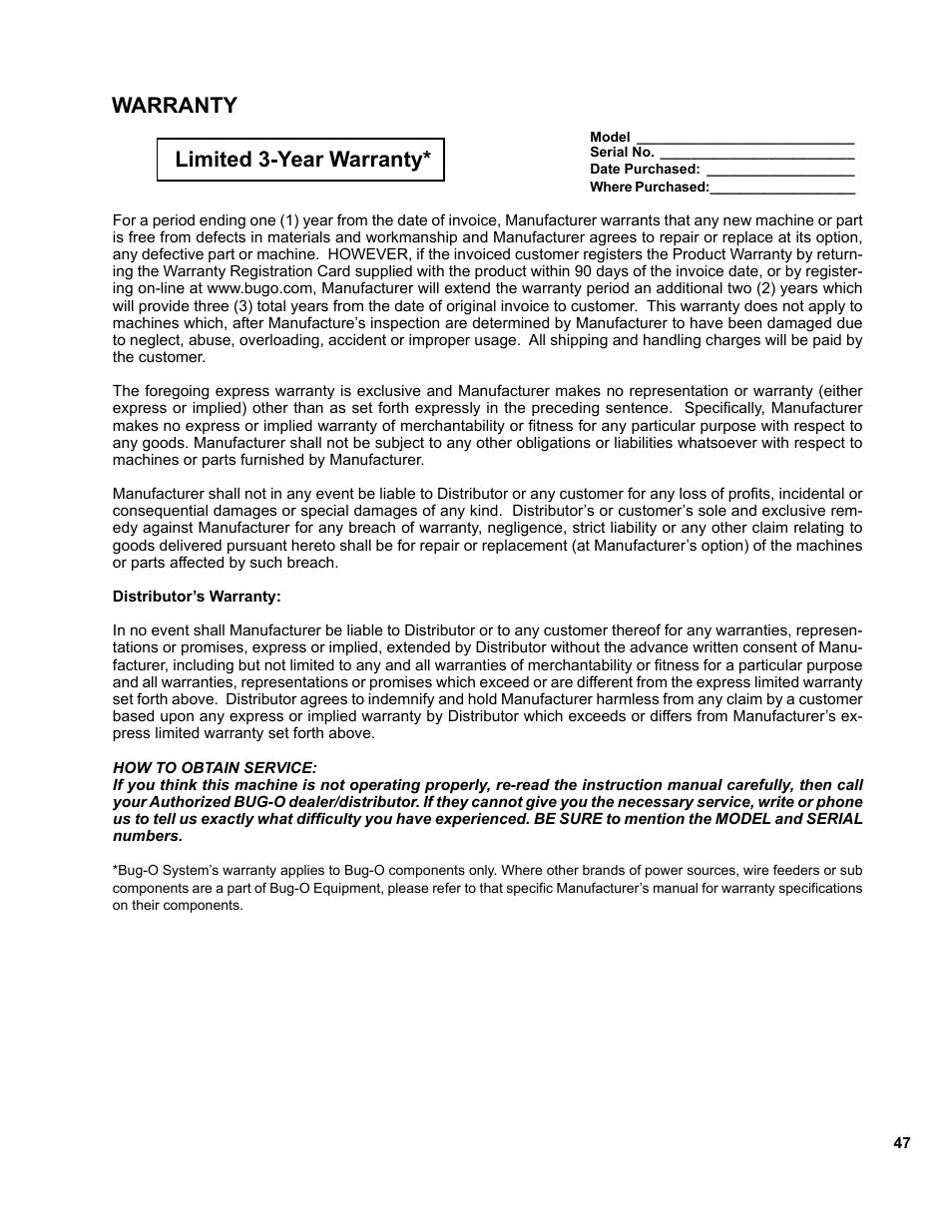 Warranty, Warranty limited 3-year warranty | BUG-O Systems CWP-11 User Manual | Page 47 / 47