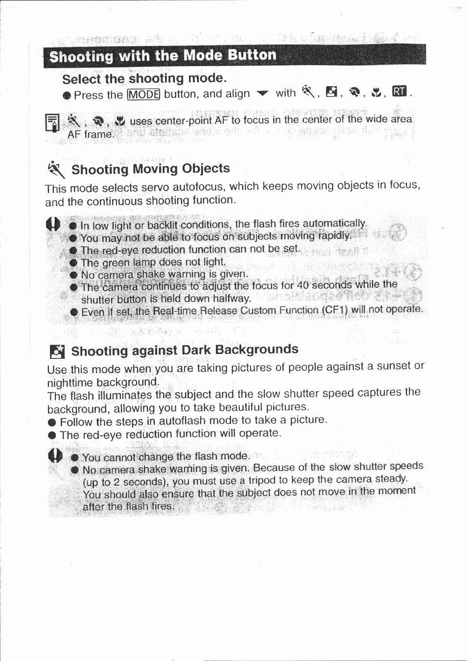 Select the shooting mode, Shooting moving objects, Pi shooting against dark backgrounds | Shooting with the mode button | Canon 150U User Manual | Page 11 / 18