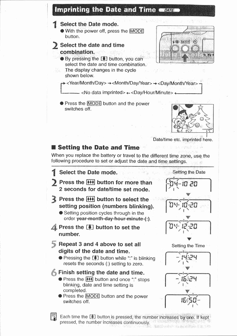 Select the date mode, Select the date and time, Combination | 1 select the date mode, 4 press the cfu button to set the number, Finish setting the date and time, Imprinting the date ànd time, Hriph, Setting the date and time, Íe-íso | Canon 150U User Manual | Page 16 / 18