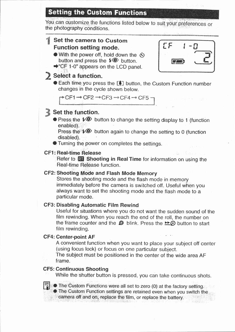 Set the camera to custom function setting mode, Select a function, 3 set the function | Cf1 ; real-time release, Setting the custom functions | Canon 150U User Manual | Page 17 / 18