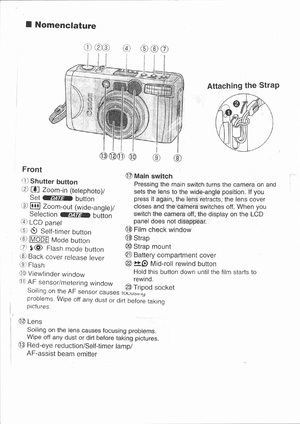 0) shutter button, Nomenclature, Attaching the strap | Front | Canon 150U User Manual | Page 2 / 18