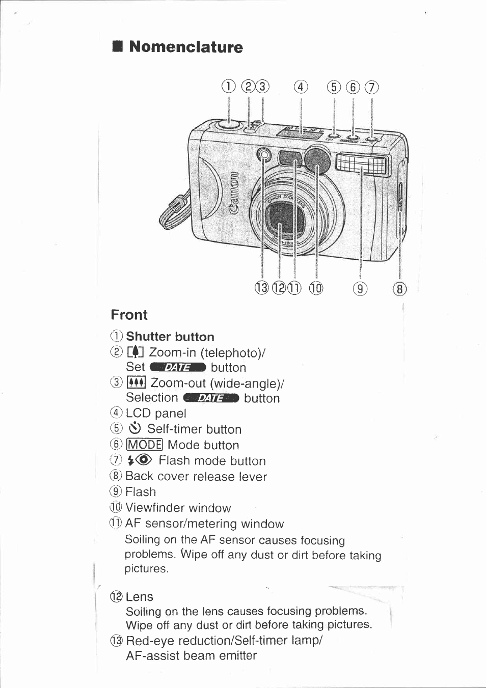 Front, D)(d(z), Nomenclature | Canon 150U User Manual | Page 3 / 18