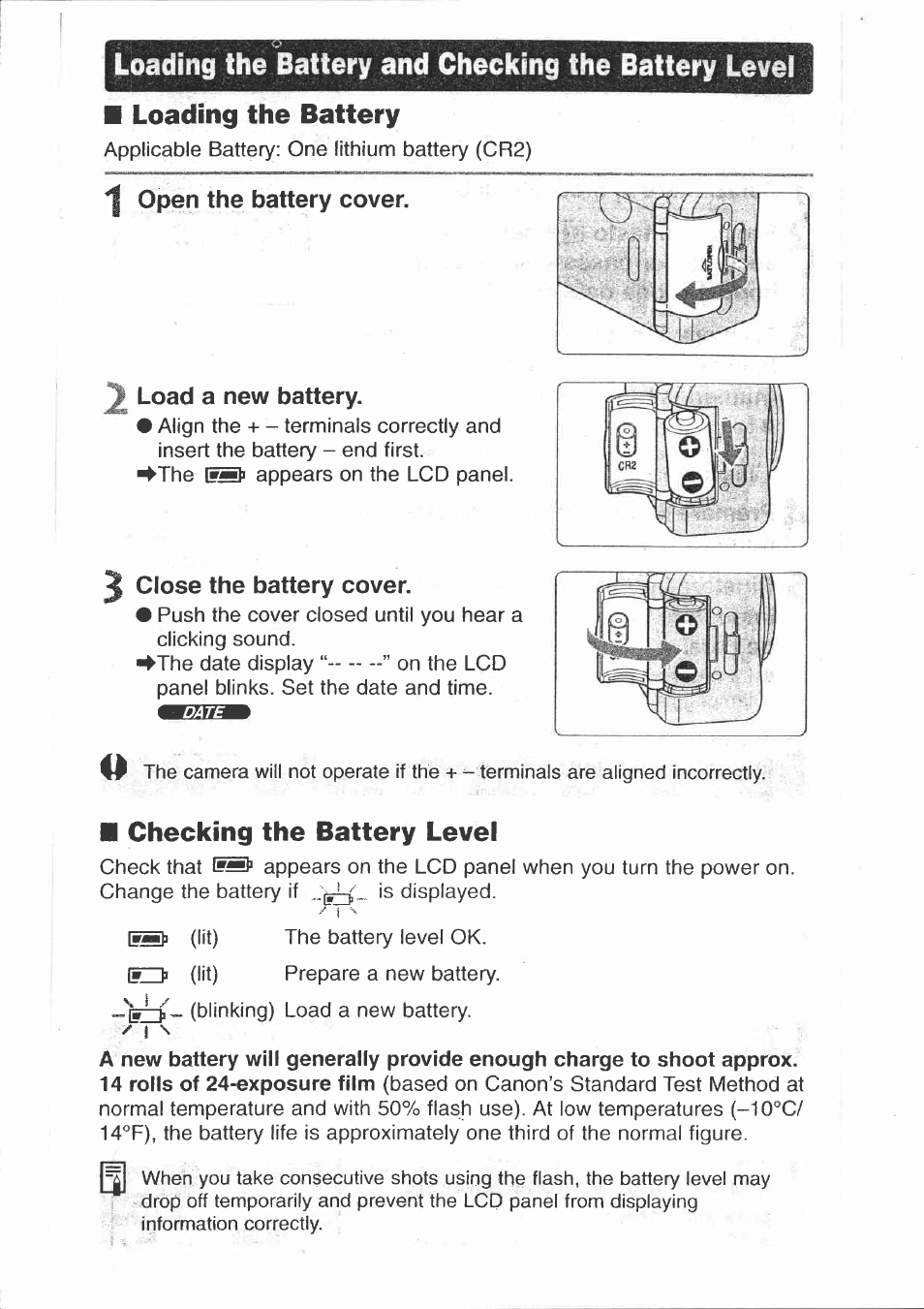 Loading the battery and checking the battery level, Loading the battery, Checking the battery level | Canon 150U User Manual | Page 5 / 18