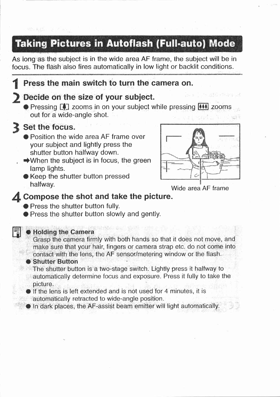 Press the main switch to turn the camera on, Decide on the size of your subject, Set the focus | 4 compose the shot and take the picture, Taking pictures in autoflash (full>auto) mode | Canon 150U User Manual | Page 7 / 18
