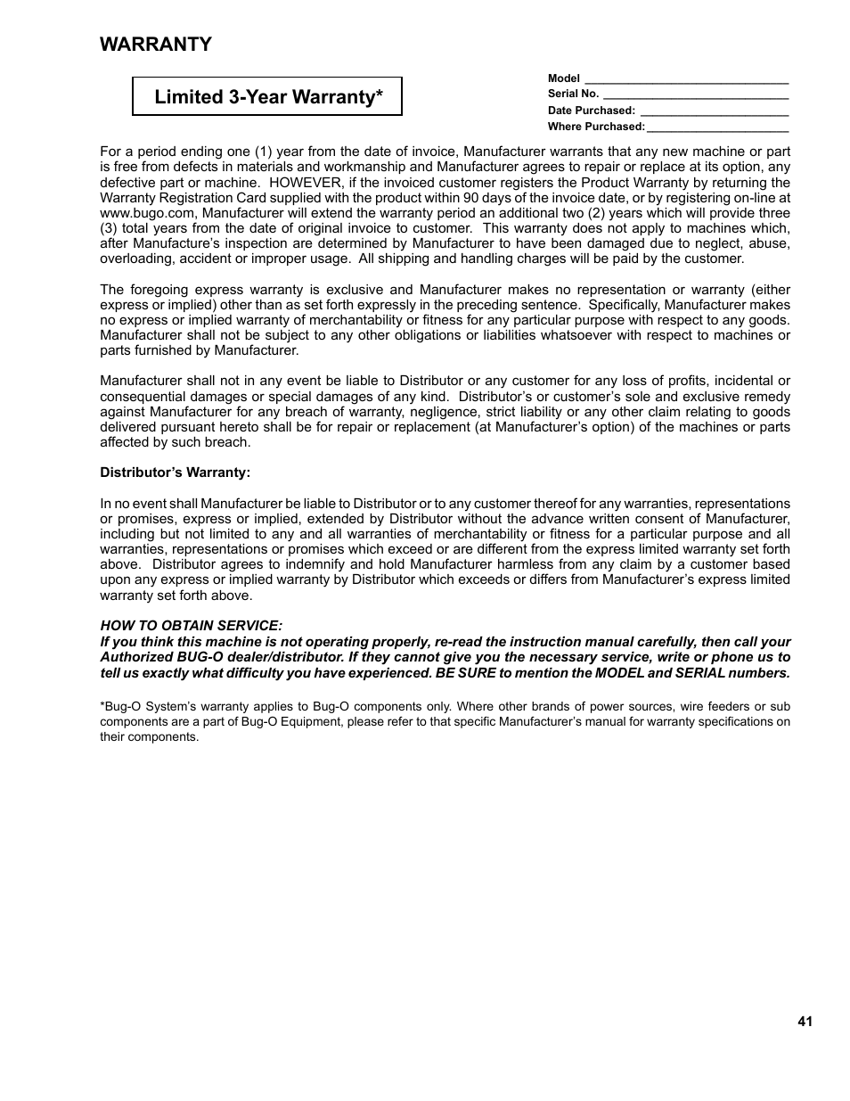 Warranty, Warranty limited 3-year warranty | BUG-O Systems CWP-18 User Manual | Page 41 / 41
