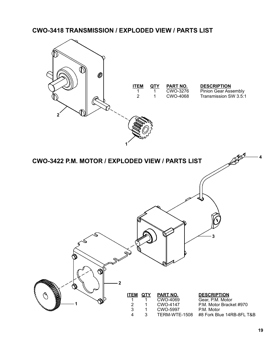 Cwo-3418 transmission / exploded view / parts list, Cwo-3422 p.m. motor / exploded view / parts list | BUG-O Systems CB-1P User Manual | Page 19 / 37