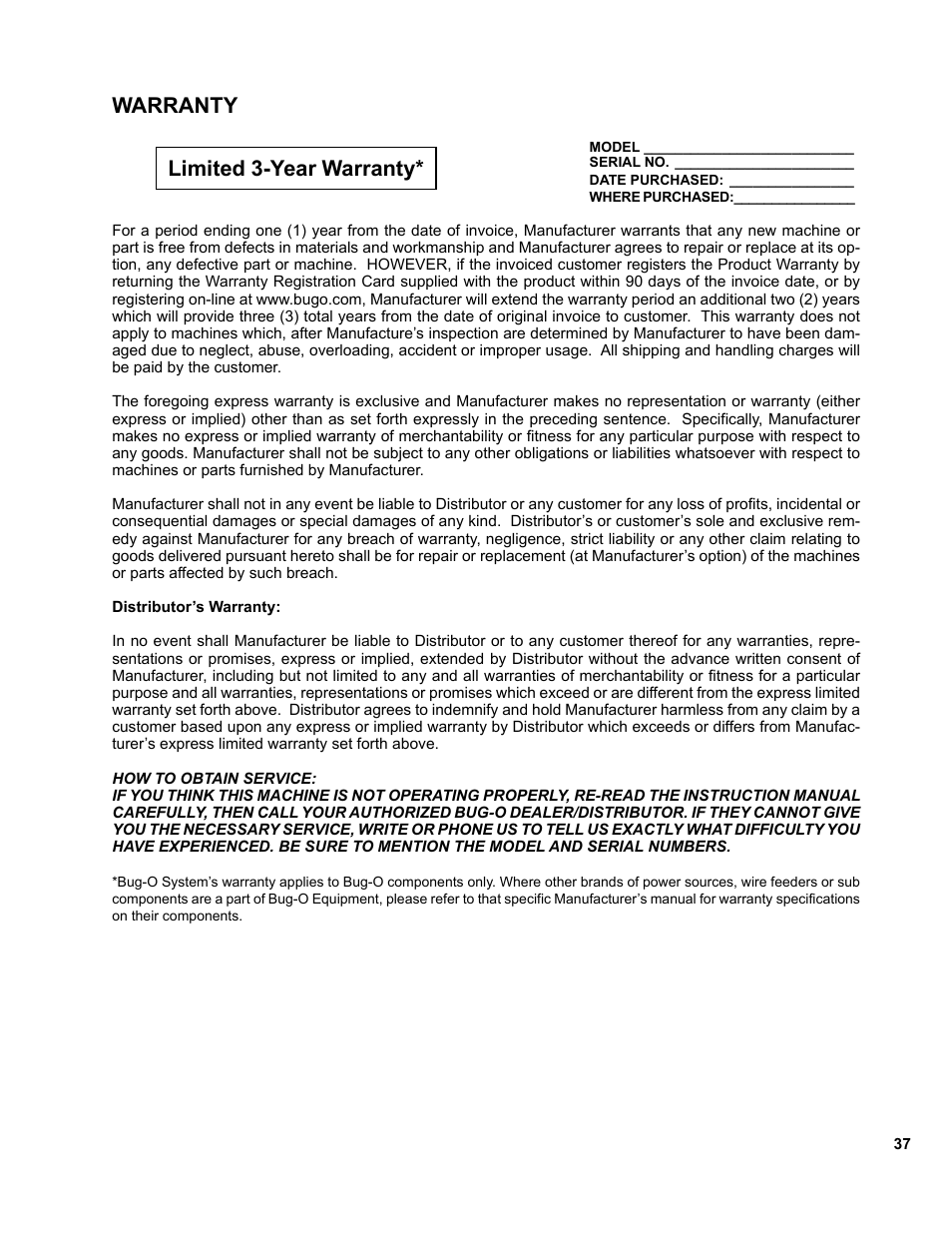 37 ..... warranty, Warranty limited 3-year warranty | BUG-O Systems CB-1P User Manual | Page 37 / 37