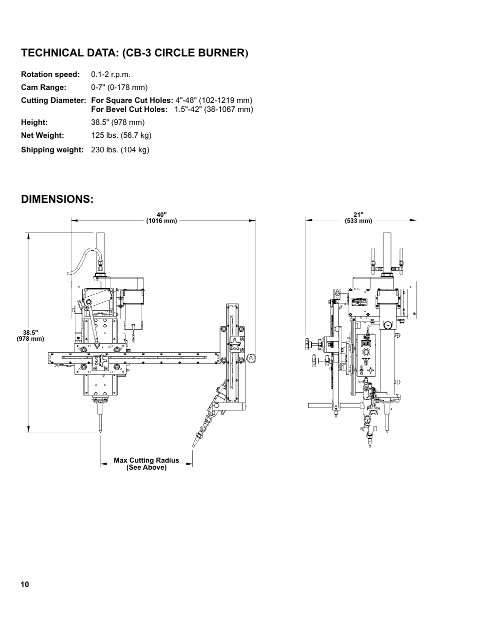 Technical data: (cb-3 circle burner), Dimensions | BUG-O Systems CB-2 User Manual | Page 10 / 30