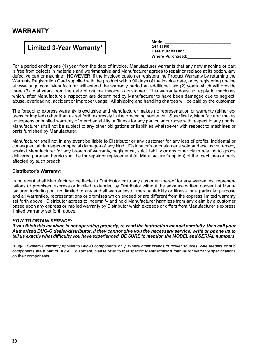 30 .....warranty, Warranty limited 3-year warranty | BUG-O Systems CB-2 User Manual | Page 30 / 30