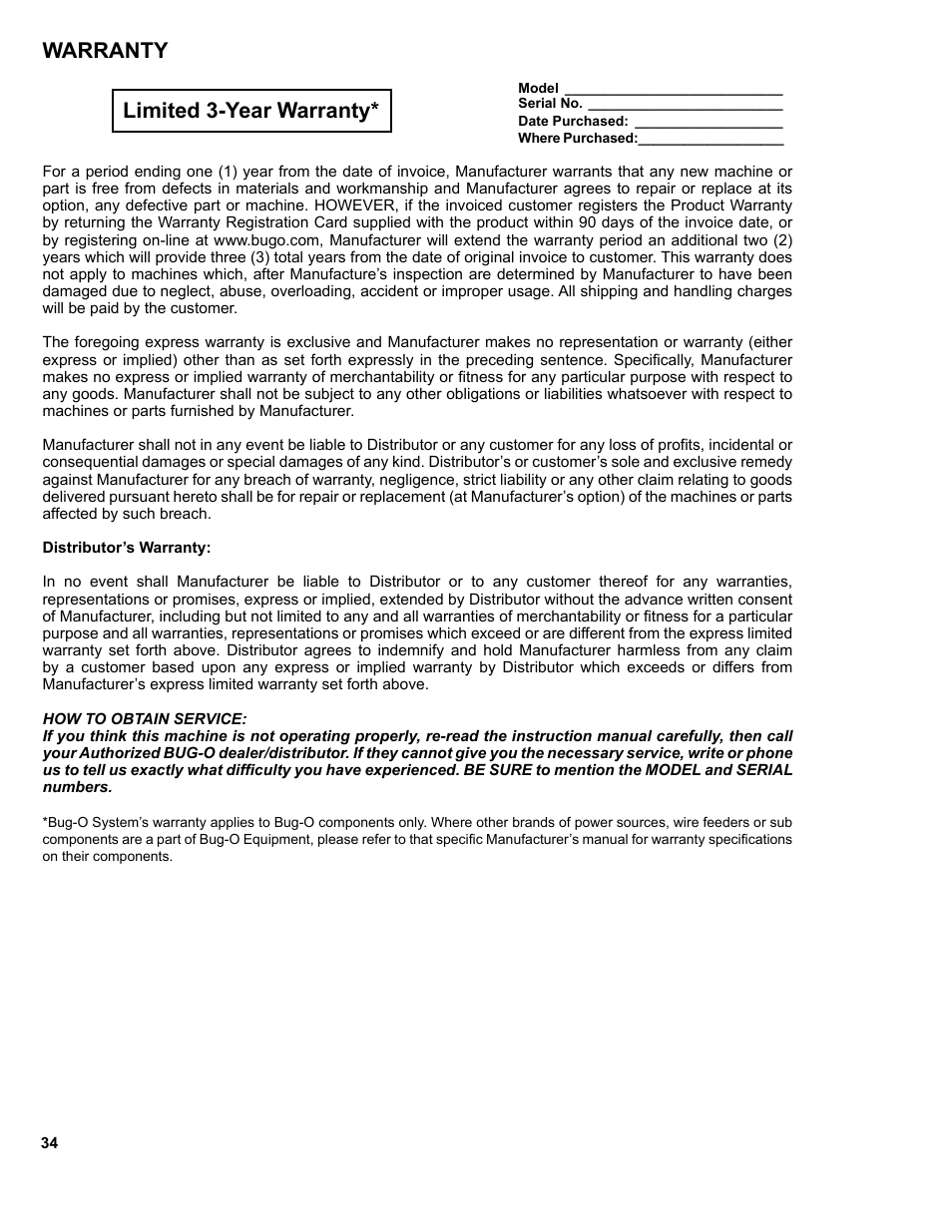 34 .......warranty, Warranty limited 3-year warranty | BUG-O Systems CW-5 User Manual | Page 34 / 34