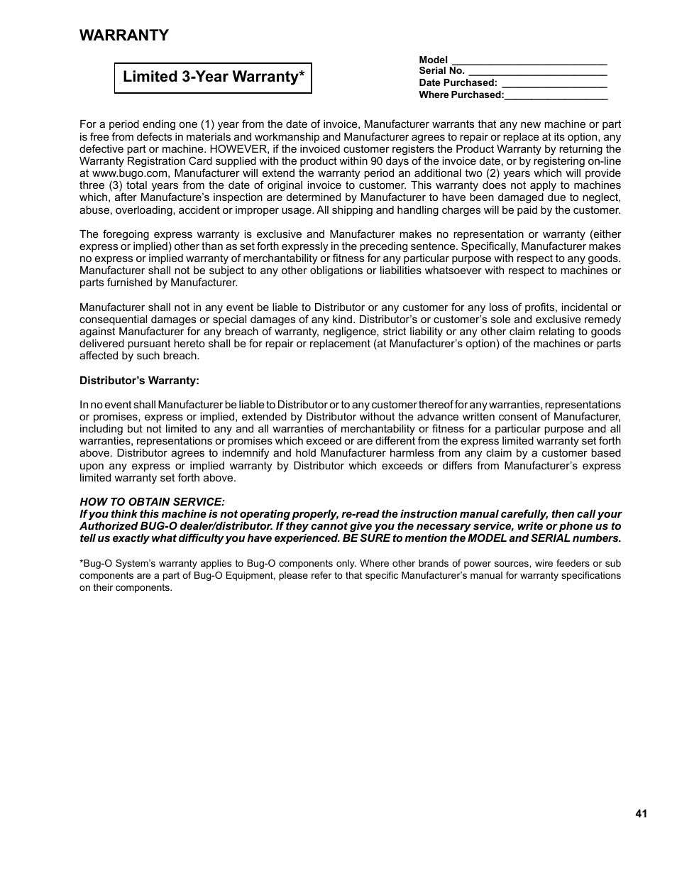 41 ......warranty, Warranty limited 3-year warranty | BUG-O Systems CW-5AX User Manual | Page 41 / 41