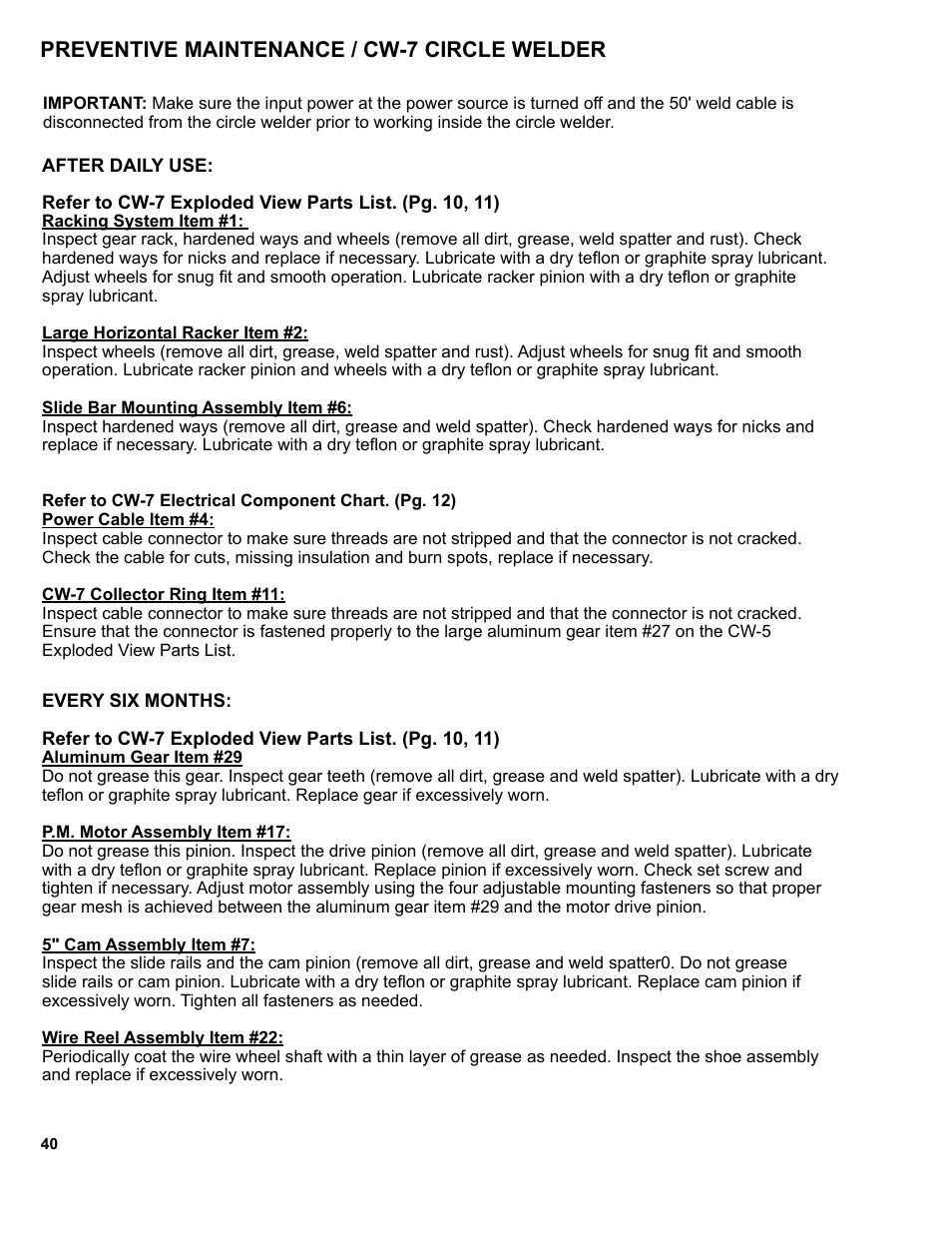Preventive maintenance / cw-7 circle welder | BUG-O Systems CW-7 User Manual | Page 40 / 43