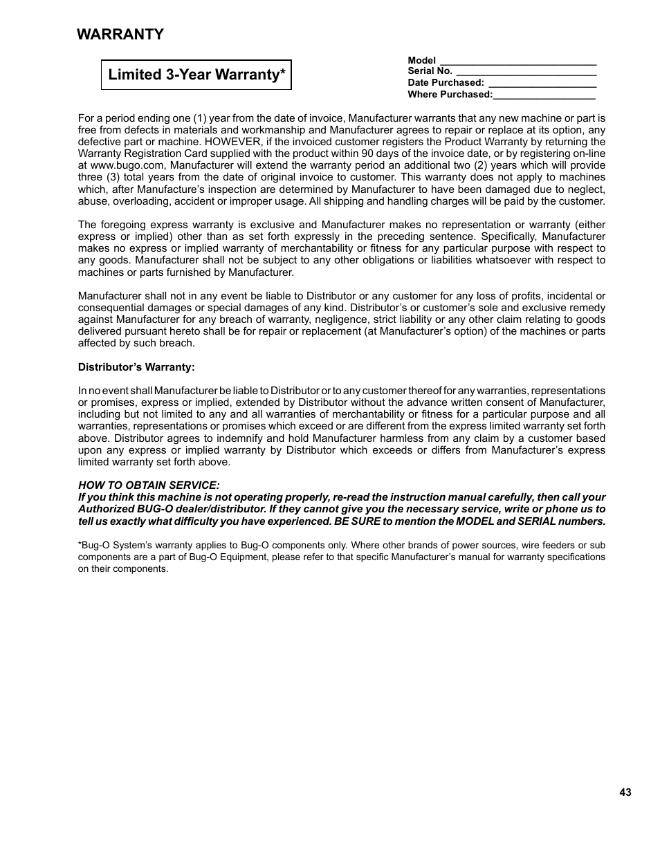 43 ....... warranty, Warranty limited 3-year warranty | BUG-O Systems CW-7 User Manual | Page 43 / 43