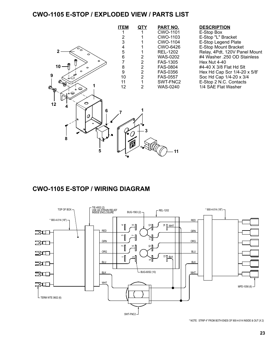23 ...... cwo-1105 e-stop / wiring diagram, Cwo-1105 e-stop / exploded view / parts list, Cwo-1105 e-stop / wiring diagram | BUG-O Systems CW-11 User Manual | Page 23 / 46