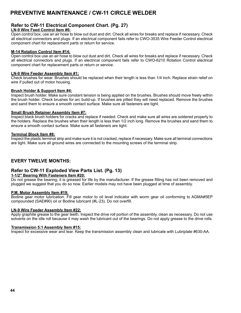 Preventive maintenance / cw-11 circle welder | BUG-O Systems CW-11 User Manual | Page 44 / 46