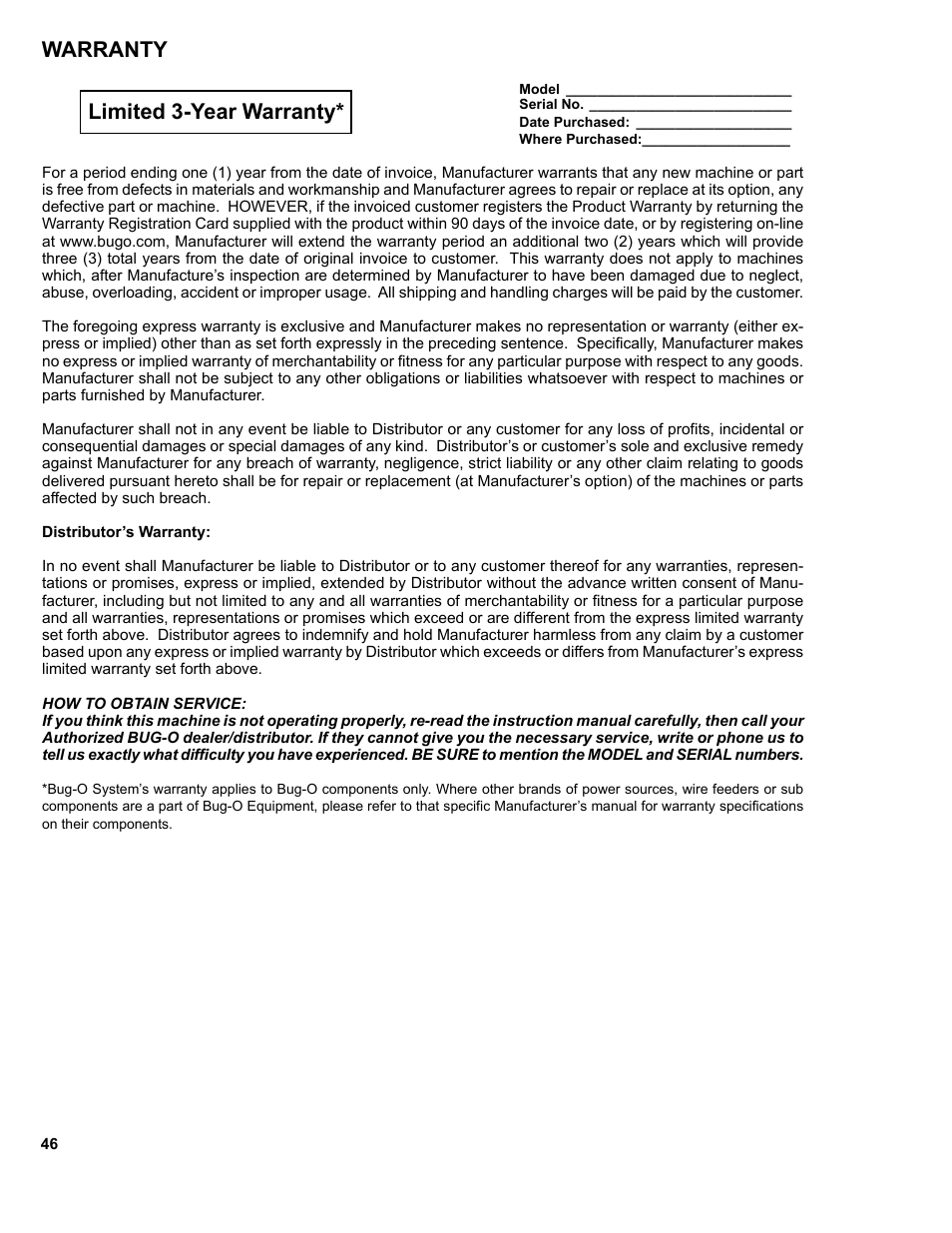 46 ...... warranty, Warranty limited 3-year warranty | BUG-O Systems CW-11 User Manual | Page 46 / 46