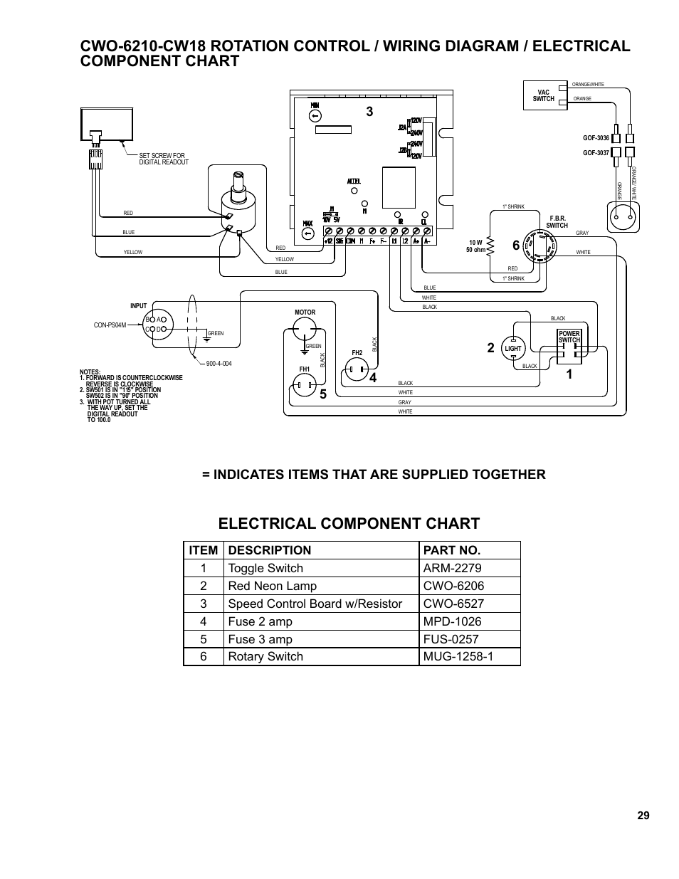 Electrical component chart, Indicates items that are supplied together | BUG-O Systems CW-18 User Manual | Page 29 / 41