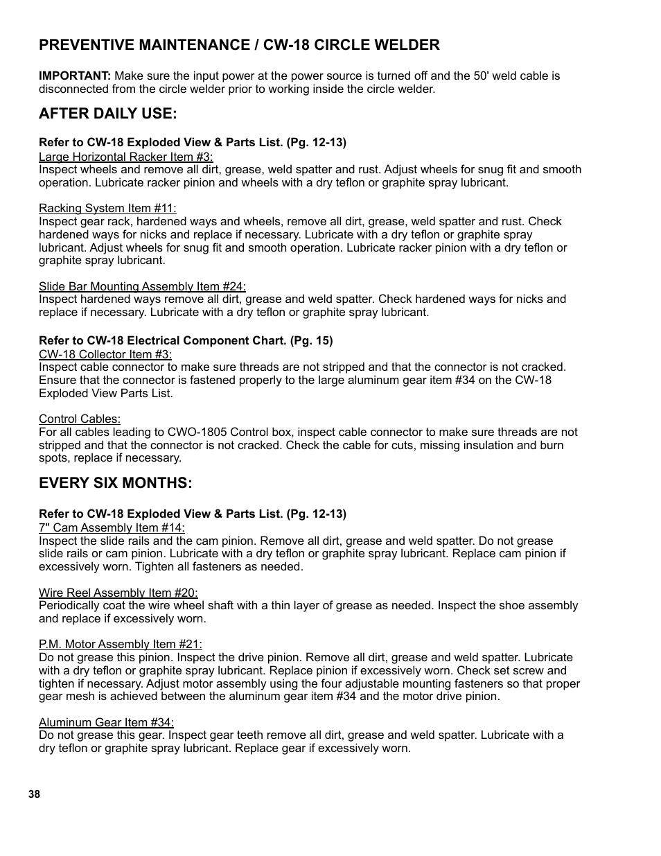 Preventive maintenance / cw-18 circle welder, After daily use, Every six months | BUG-O Systems CW-18 User Manual | Page 38 / 41