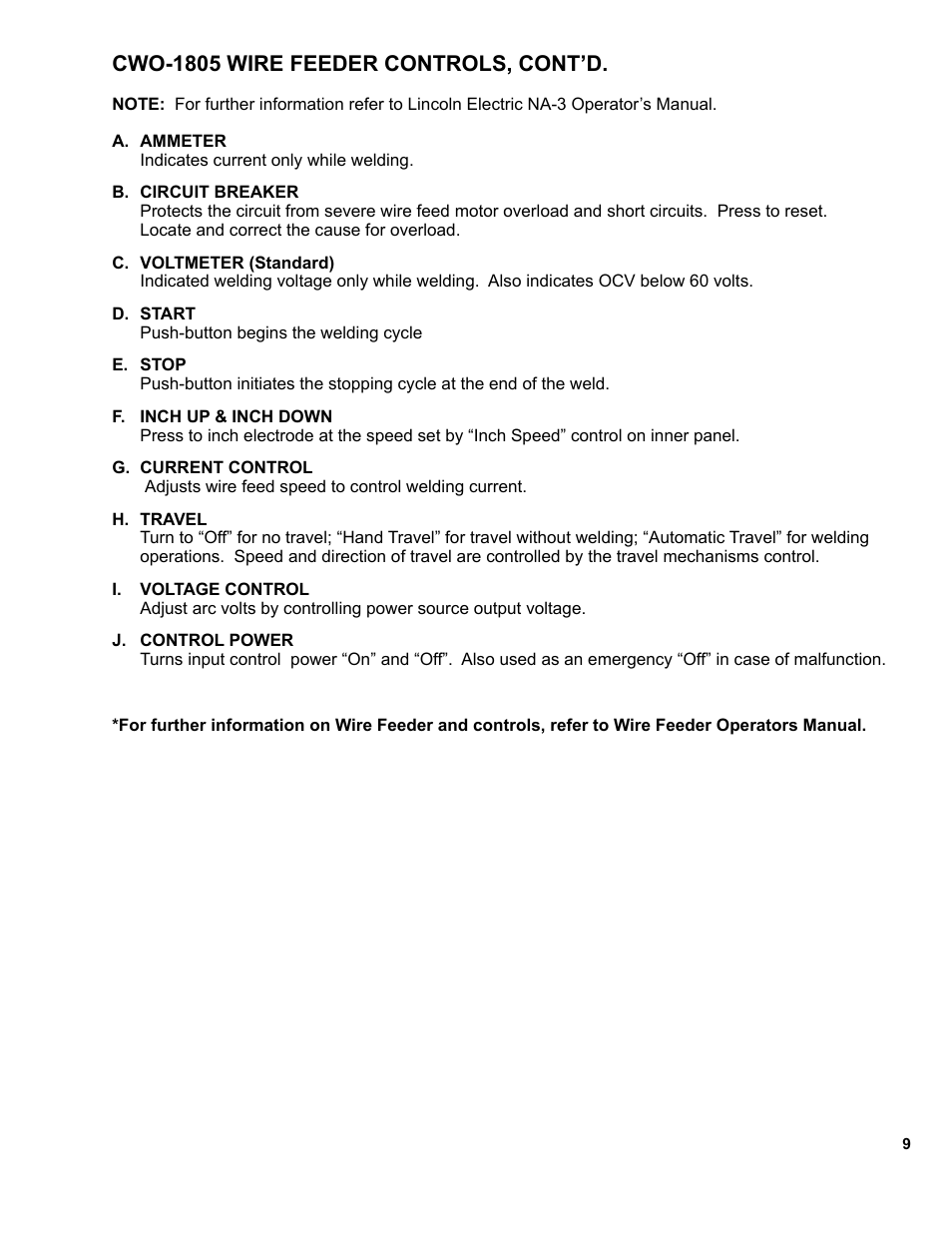 Cwo-1805 wire feeder controls, cont’d | BUG-O Systems CW-18 User Manual | Page 9 / 41