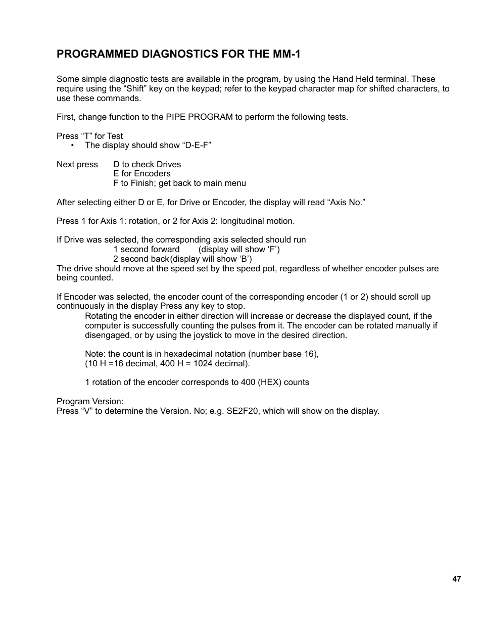 47 ..... programmed diagnostics for the mm-1, Programmed diagnostics for the mm-1 | BUG-O Systems MM-1 User Manual | Page 47 / 48