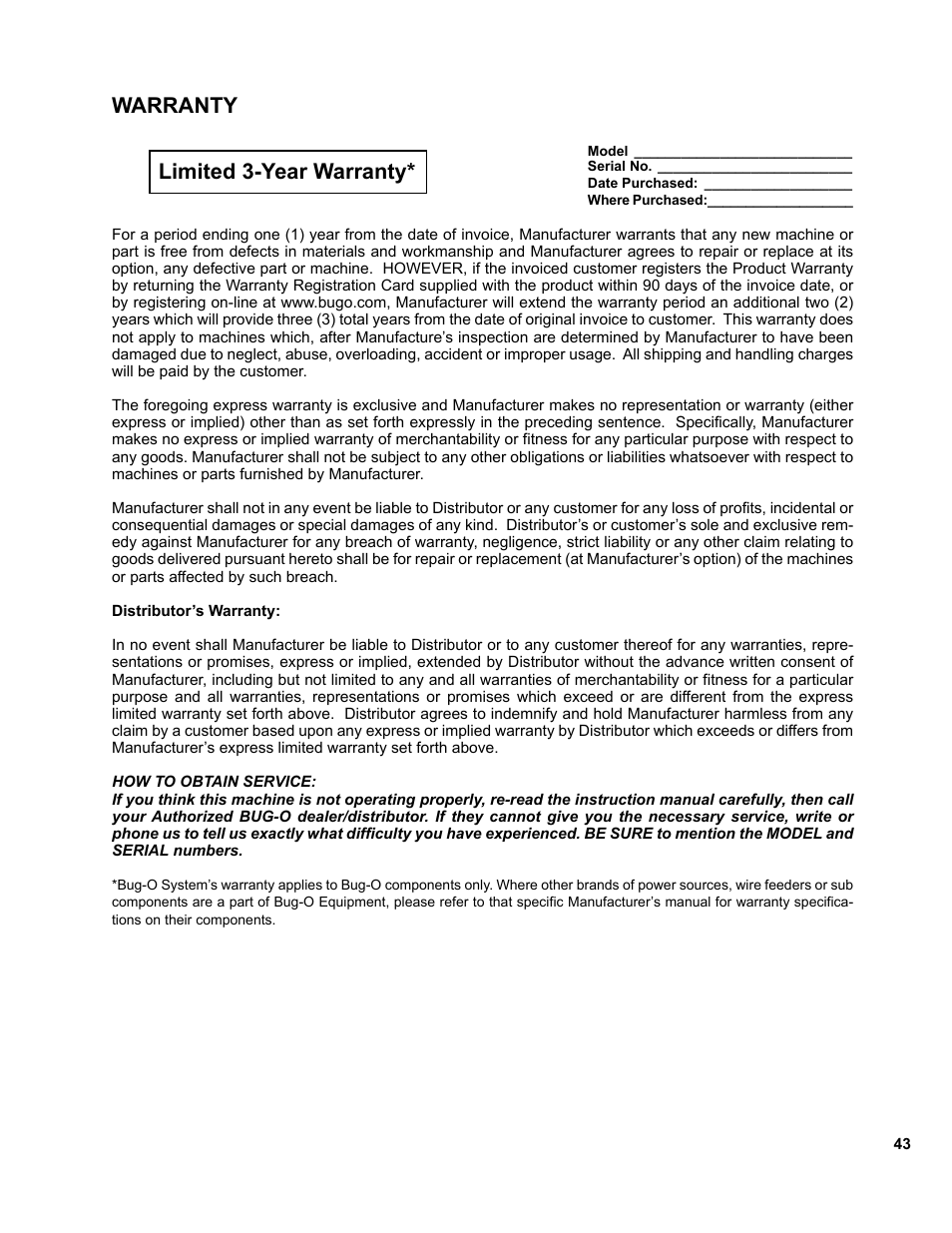 43 ... warranty, Warranty limited 3-year warranty | BUG-O Systems SE-2PTD User Manual | Page 43 / 43