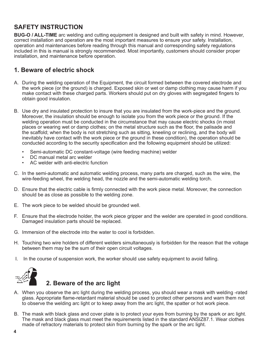 Safety instruction, Beware of electric shock, Beware of the arc light | BUG-O Systems BGW-5000 User Manual | Page 4 / 47