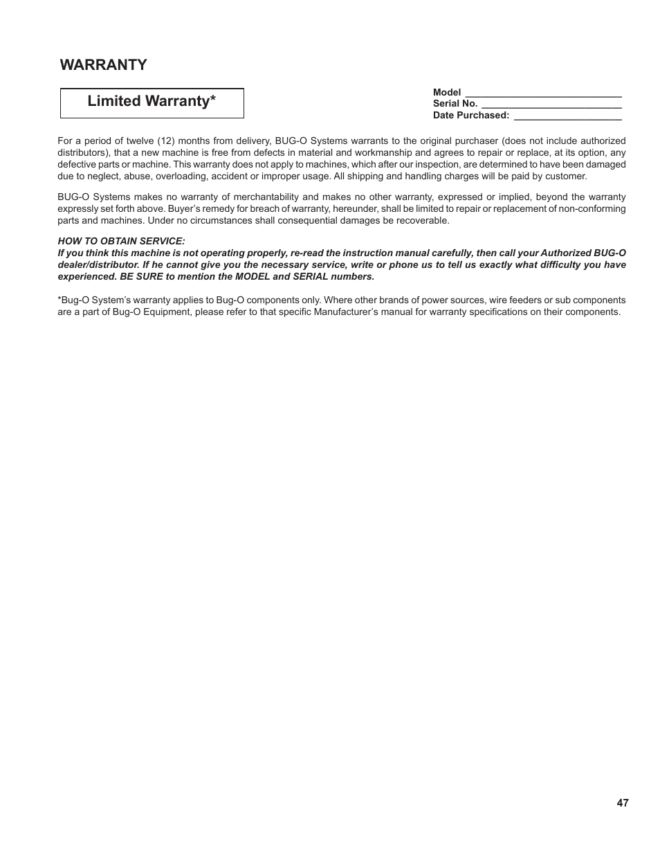 Warranty, Limited warranty | BUG-O Systems BGW-5000 User Manual | Page 47 / 47