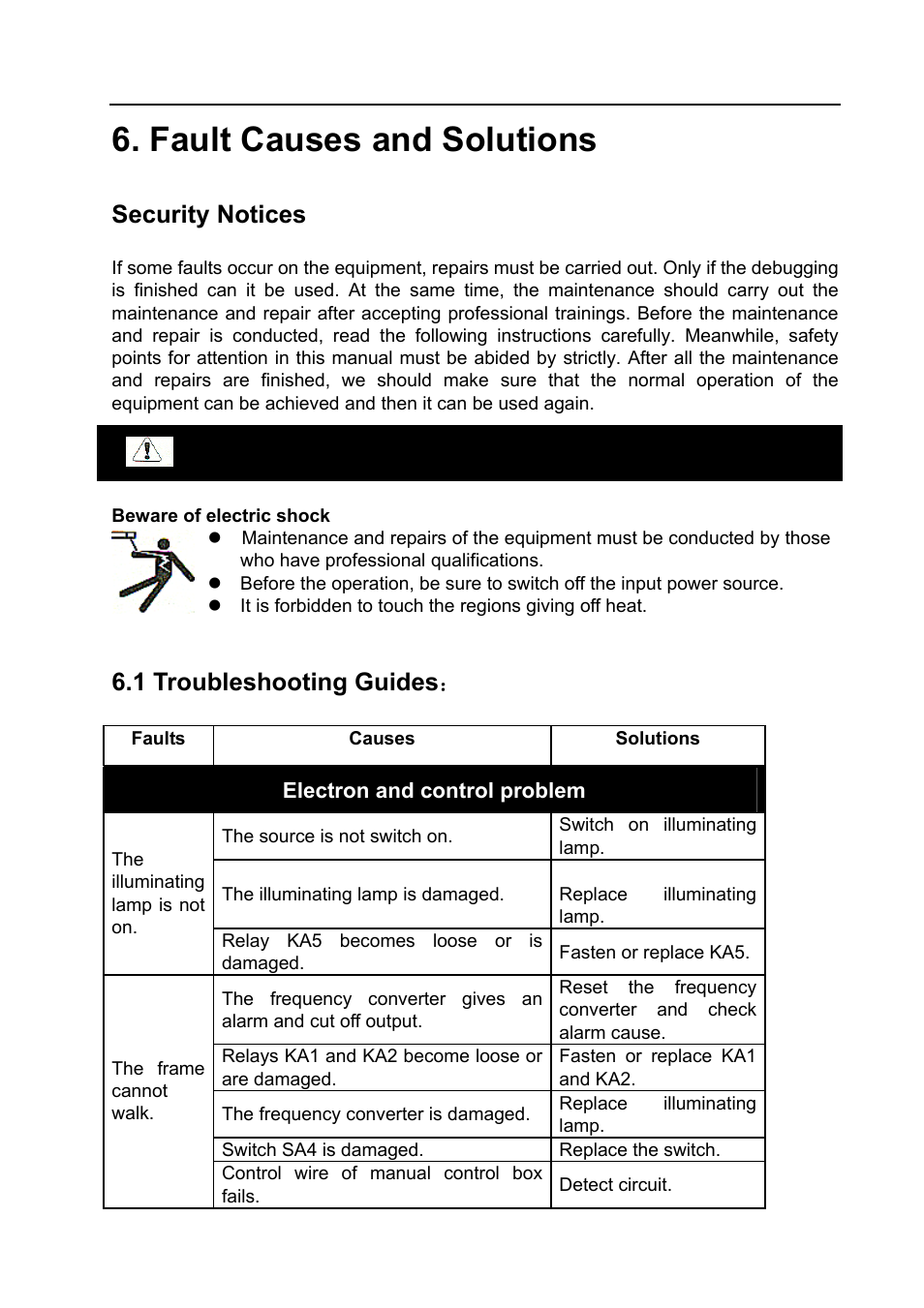 Fault causes and solutions, Security notices, 1 troubleshooting guides | Warning | BUG-O Systems BVW-1000 User Manual | Page 22 / 26