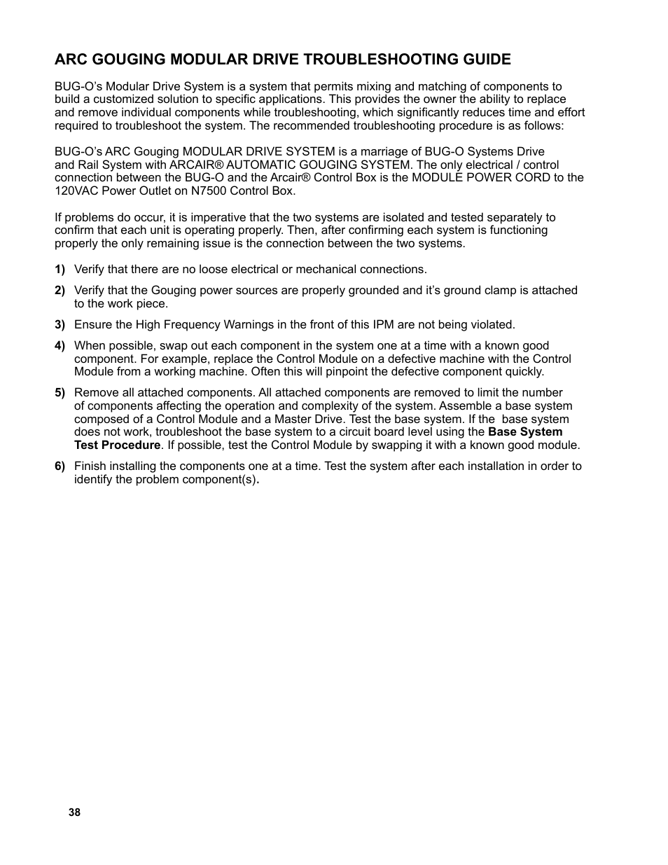 43 .................troubleshooting guide, Arc gouging modular drive troubleshooting guide | BUG-O Systems AGS-4000 User Manual | Page 38 / 46