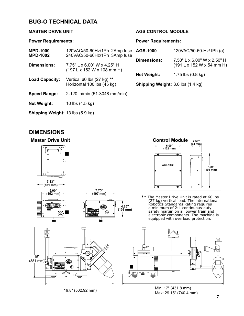 Bug-o technical data, Dimensions | BUG-O Systems AGS-4000 User Manual | Page 7 / 46