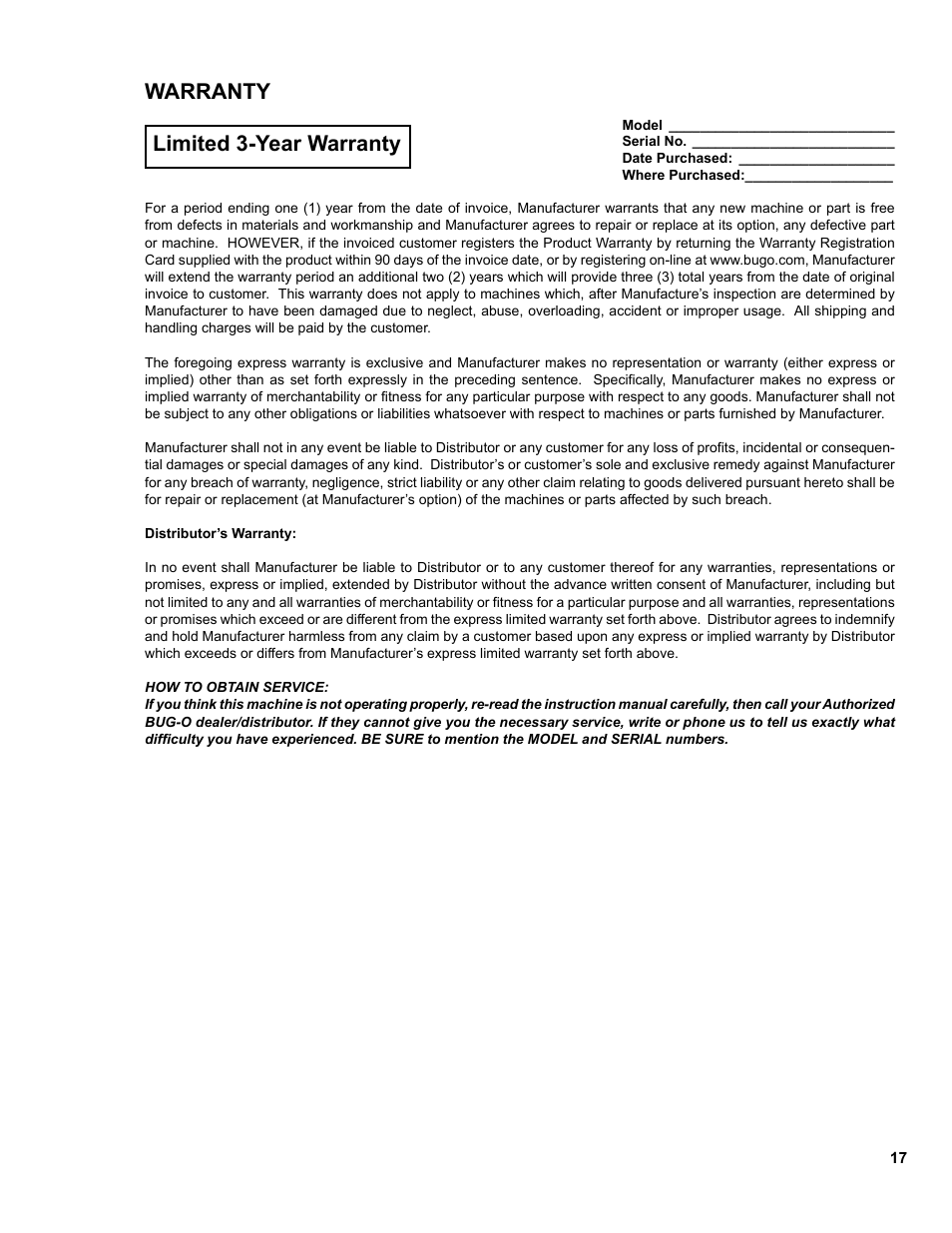 Warranty how to obtain service, Warranty limited 3-year warranty | BUG-O Systems FTS-1025 User Manual | Page 17 / 17