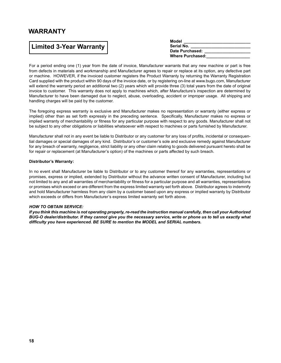 18 ......... warranty, Warranty limited 3-year warranty | BUG-O Systems Standalone Pendulum Weavers User Manual | Page 18 / 18