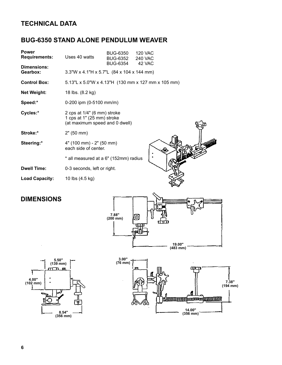 6 .......... technical data / dimensions, Dimensions | BUG-O Systems Standalone Pendulum Weavers User Manual | Page 6 / 18