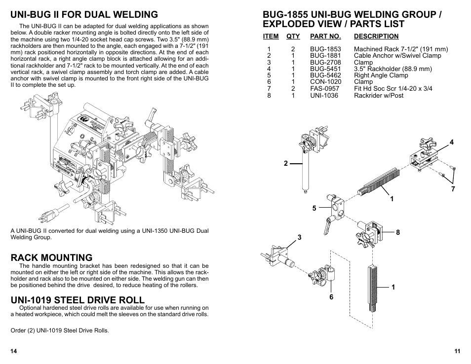 Steel drive roll, Uni-bug ii for dual welding, Rack mounting | Uni-1019 steel drive roll | BUG-O Systems UNI-BUG II User Manual | Page 14 / 21