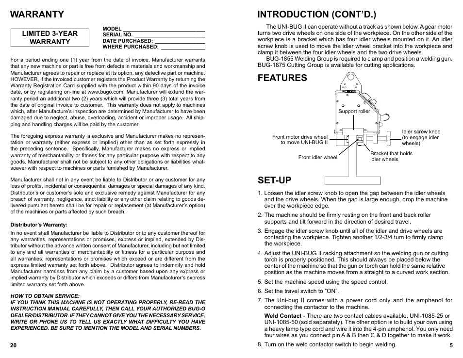 Introduction (cont’d.) set-up, Features, Warranty | BUG-O Systems UNI-BUG II User Manual | Page 5 / 21