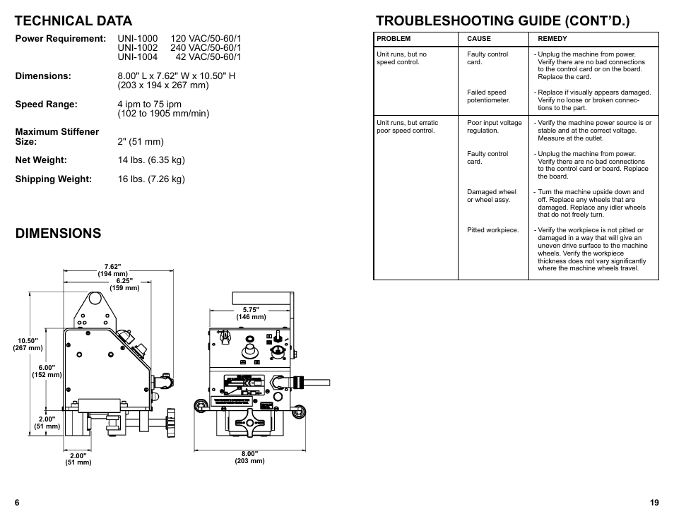 Technical data / dimensions, Technical data, Dimensions | Troubleshooting guide (cont’d.) | BUG-O Systems UNI-BUG II User Manual | Page 6 / 21
