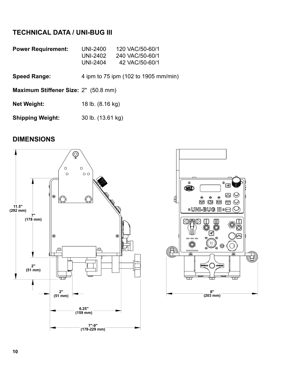 Technical data / uni-bug iii, Dimensions | BUG-O Systems UNI-BUG III User Manual | Page 10 / 44