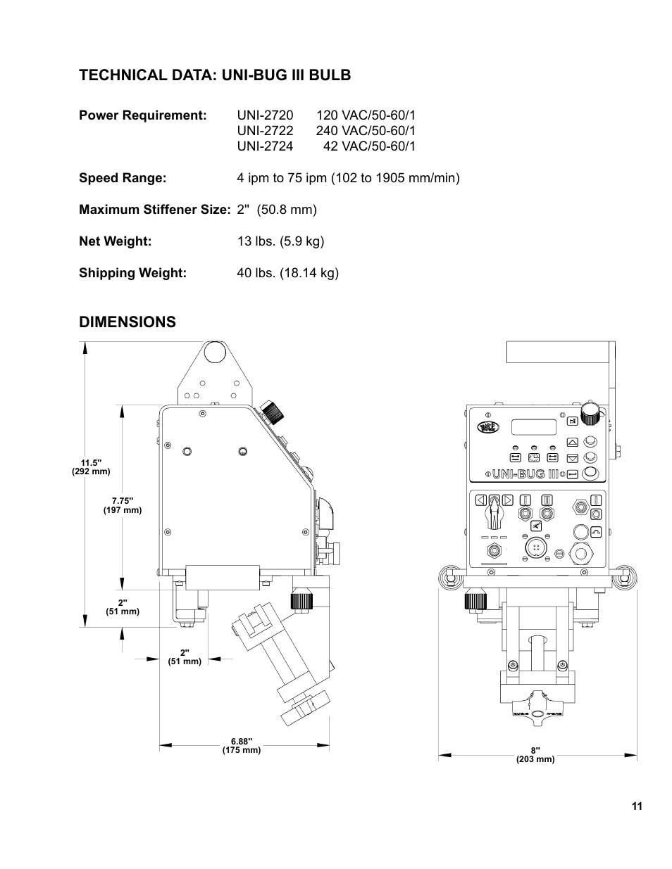 Technical data: uni-bug iii bulb, Dimensions | BUG-O Systems UNI-BUG III User Manual | Page 11 / 44