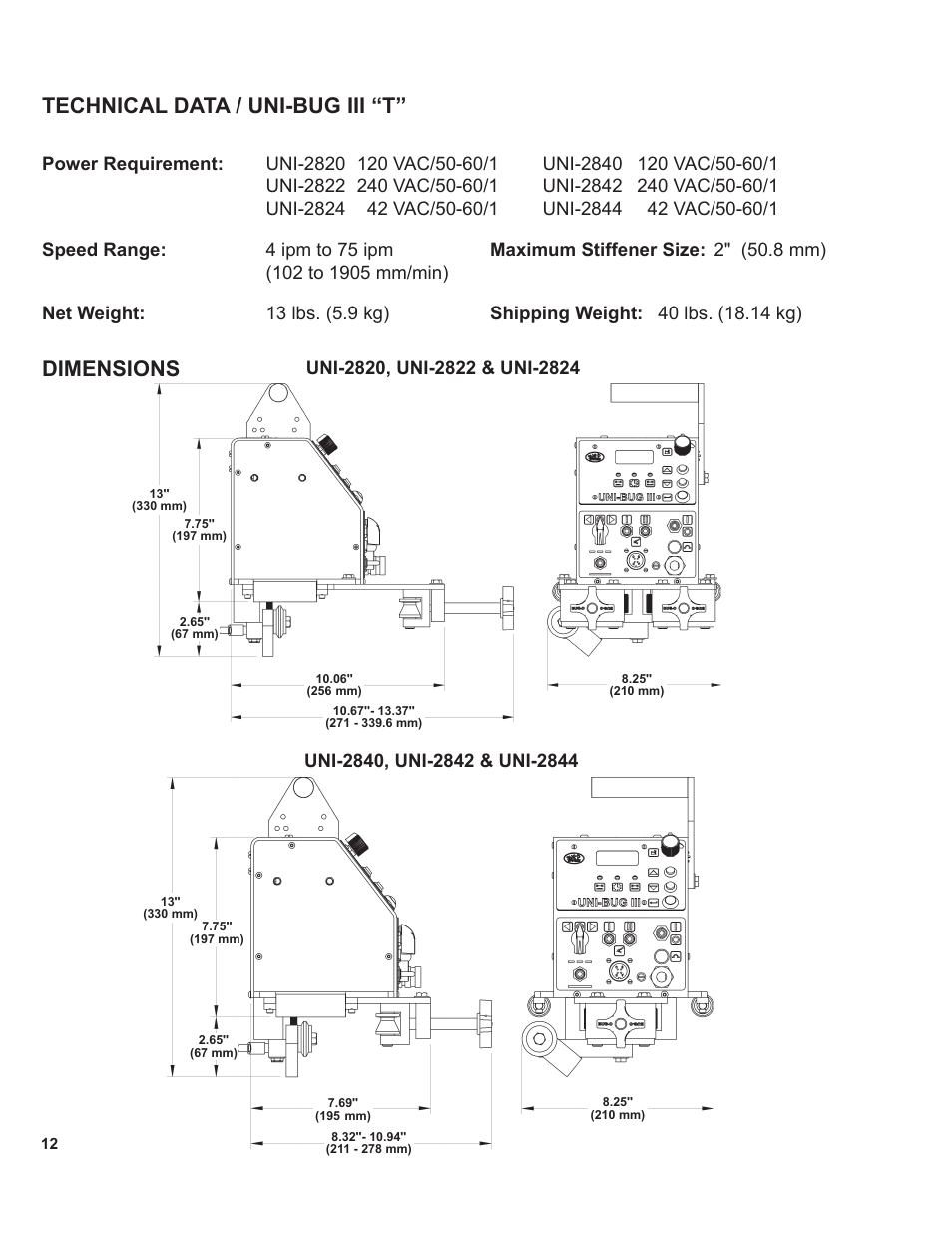 Technical data / uni-bug iii “t, Dimensions | BUG-O Systems UNI-BUG III User Manual | Page 12 / 44