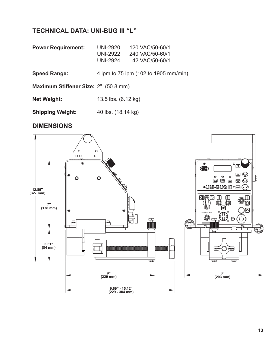 Technical data: uni-bug iii “l, Dimensions | BUG-O Systems UNI-BUG III User Manual | Page 13 / 44