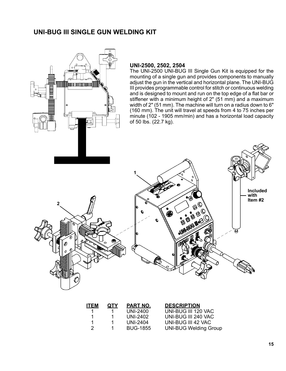 15 ...........uni-bug iii single gun welding kit, Uni-bug iii single gun welding kit | BUG-O Systems UNI-BUG III User Manual | Page 15 / 44