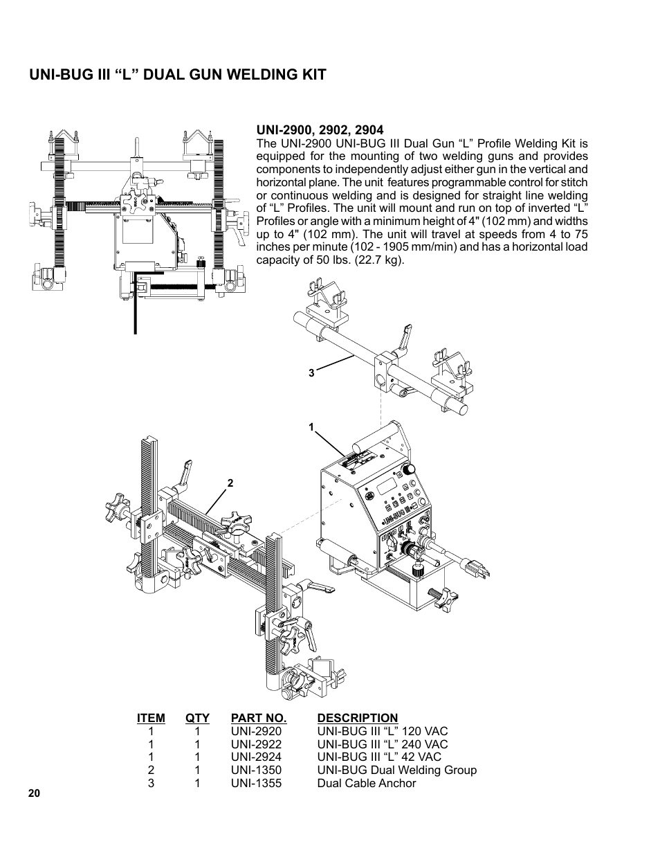 20 ...........uni-bug iii “l” dual gun welding kit, Uni-bug iii “l” dual gun welding kit | BUG-O Systems UNI-BUG III User Manual | Page 20 / 44
