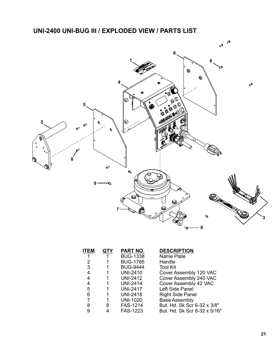 Uni-2400 uni-bug iii / exploded view / parts list | BUG-O Systems UNI-BUG III User Manual | Page 21 / 44