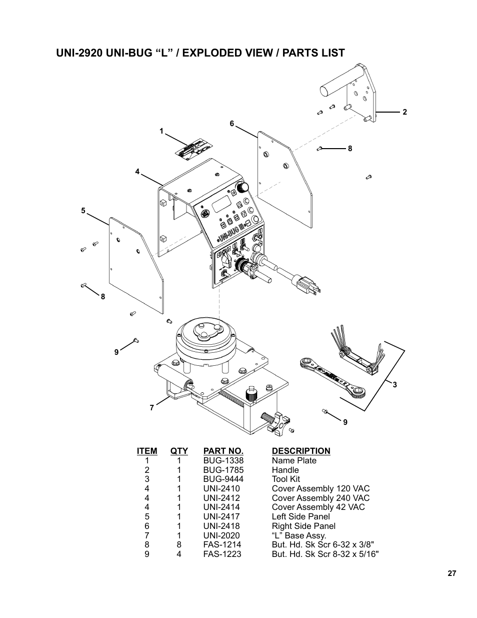 Uni-2920 uni-bug “l” / exploded view / parts list | BUG-O Systems UNI-BUG III User Manual | Page 27 / 44