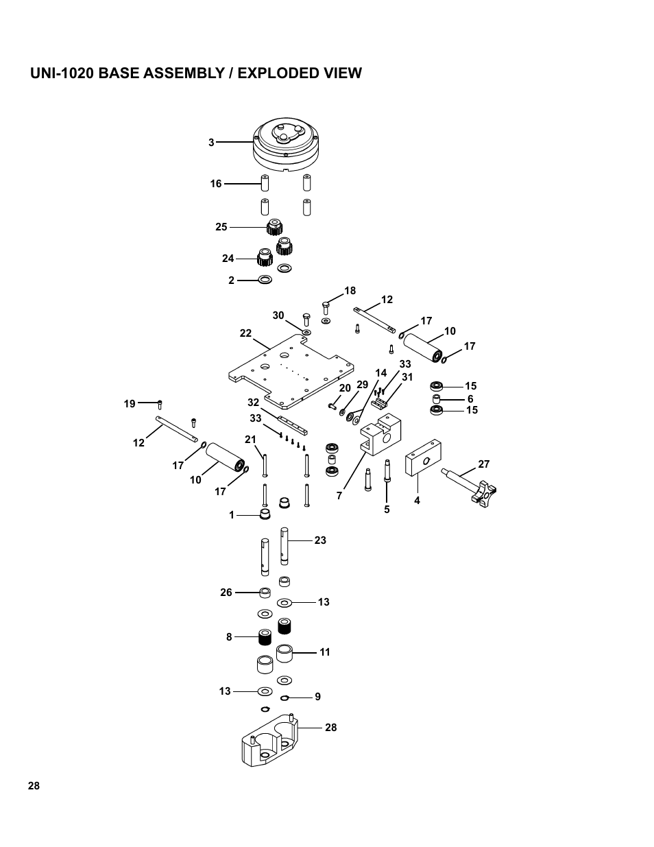 Uni-1020 base assembly / exploded view | BUG-O Systems UNI-BUG III User Manual | Page 28 / 44