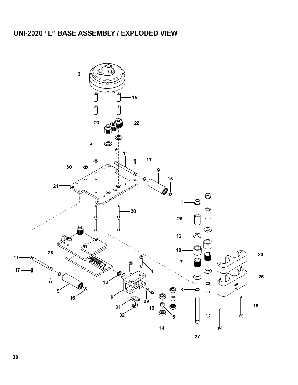 Uni-2020 “l” base assembly / exploded view | BUG-O Systems UNI-BUG III User Manual | Page 30 / 44