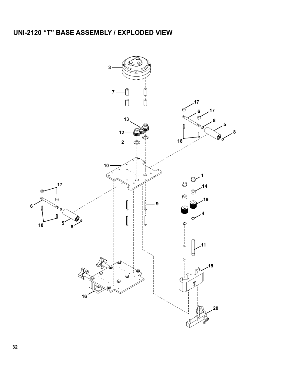 Uni-2120 “t” base assembly / exploded view | BUG-O Systems UNI-BUG III User Manual | Page 32 / 44