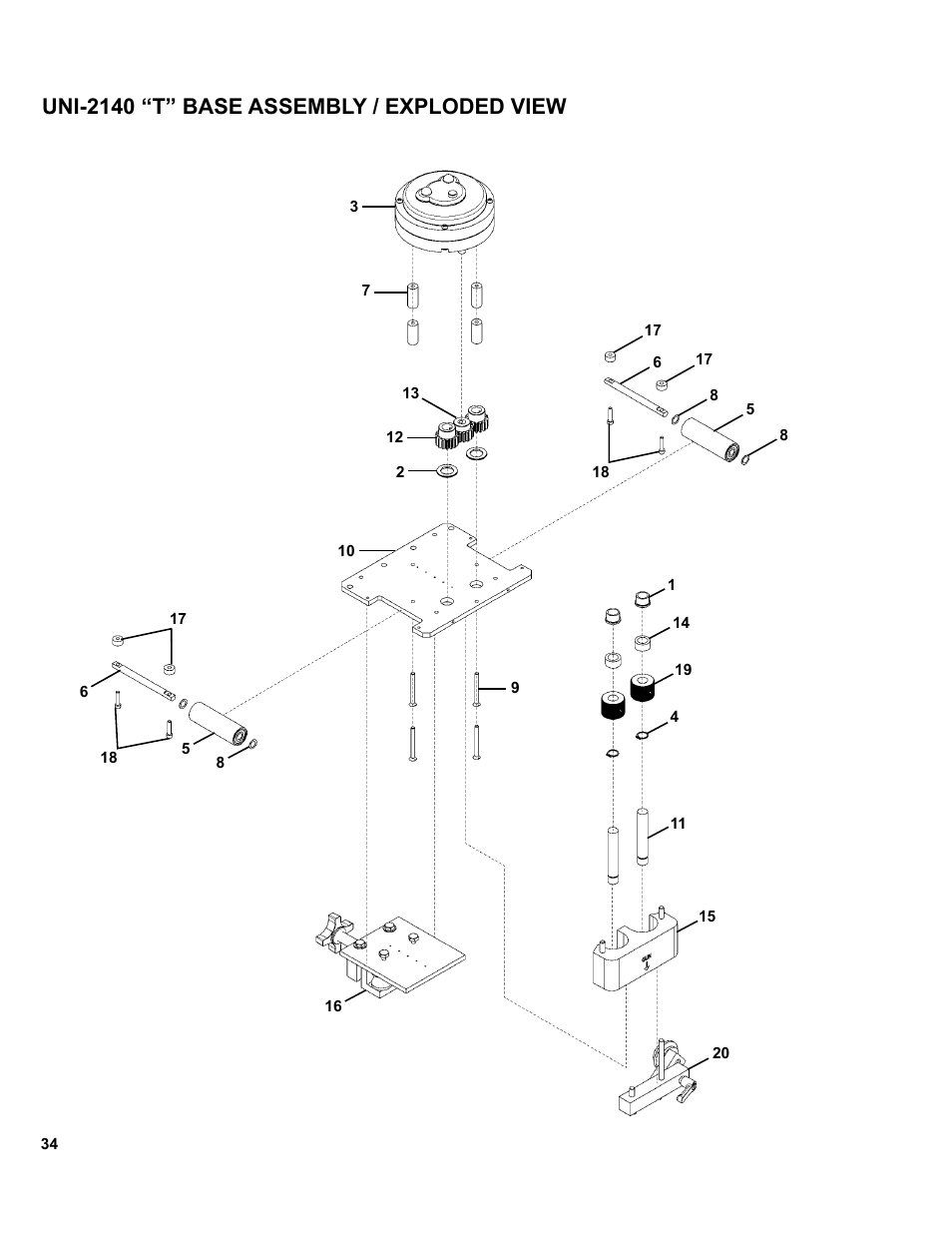Uni-2140 “t” base assembly / exploded view | BUG-O Systems UNI-BUG III User Manual | Page 34 / 44