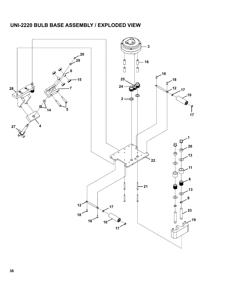 Uni-2220 bulb base assembly / exploded view | BUG-O Systems UNI-BUG III User Manual | Page 36 / 44