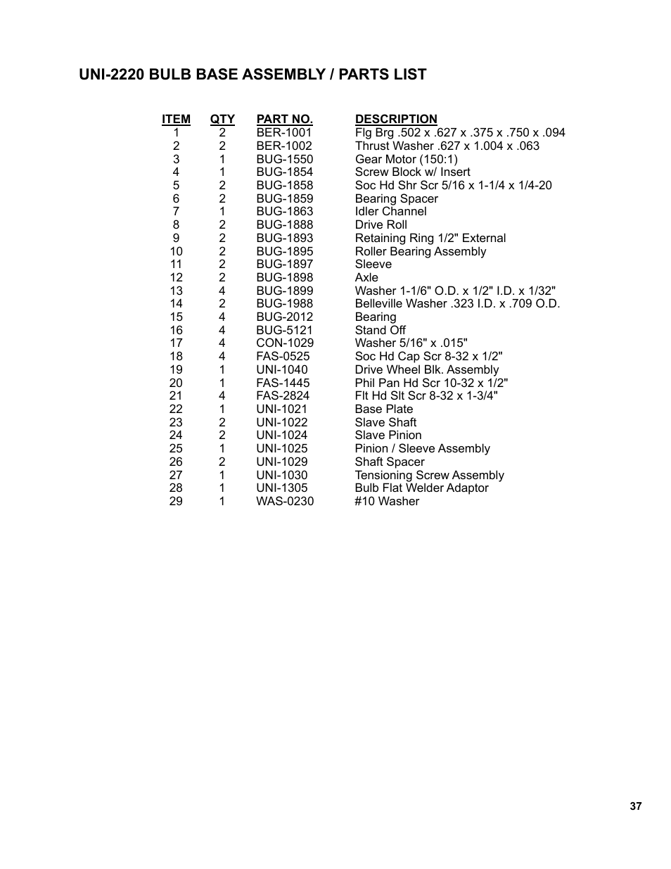 Uni-2220 bulb base assembly / parts list | BUG-O Systems UNI-BUG III User Manual | Page 37 / 44